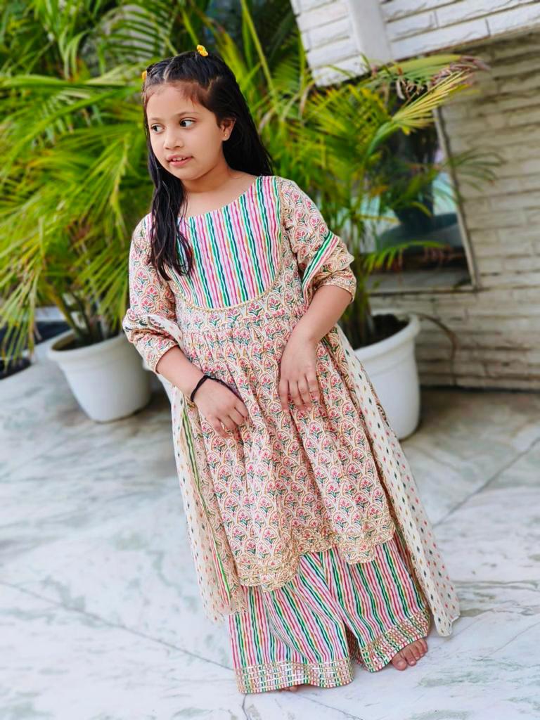Block Print Cream Coloured Sharara With Anarkali Suit