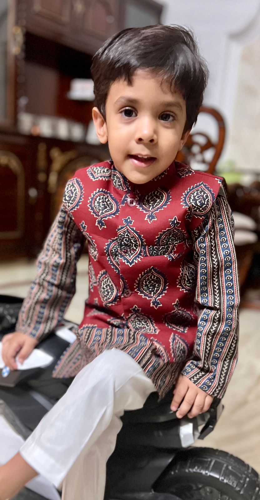 Mehroon/Blue block print Jacket with Kurta -Pyjama