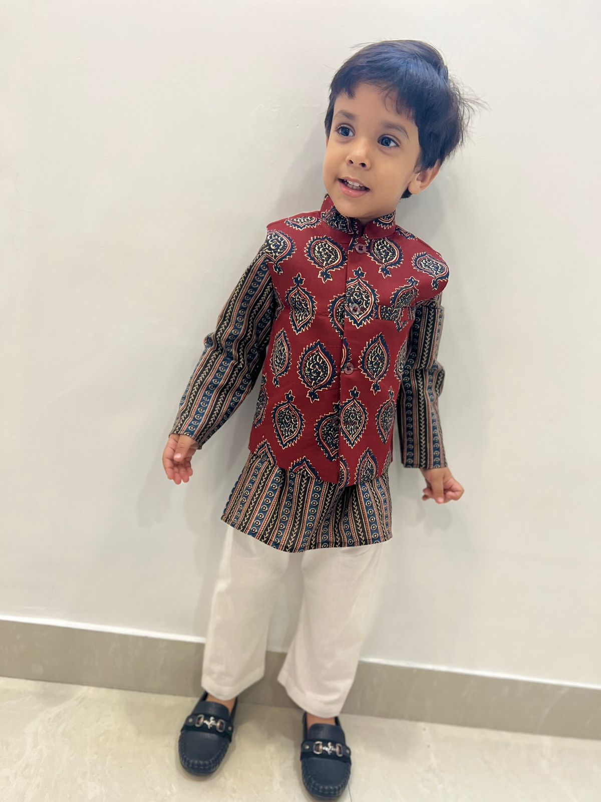 Mehroon/Blue block print Jacket with Kurta -Pyjama