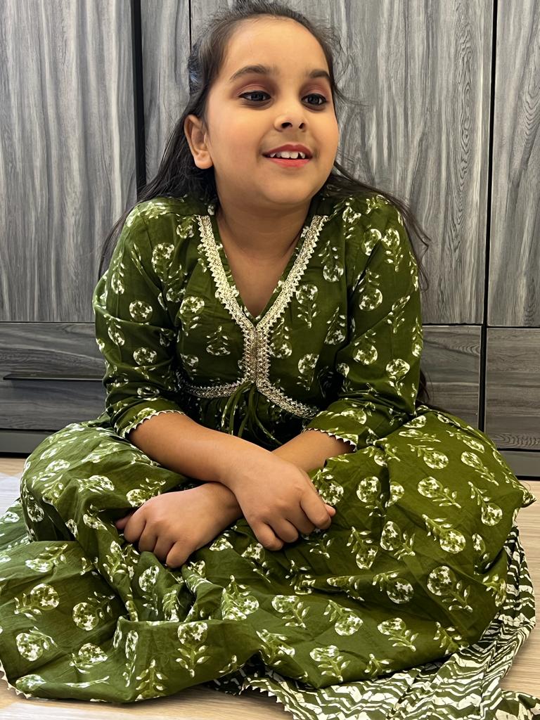 Block Printed Heena Green Coloured Anakari Suit with Sharara