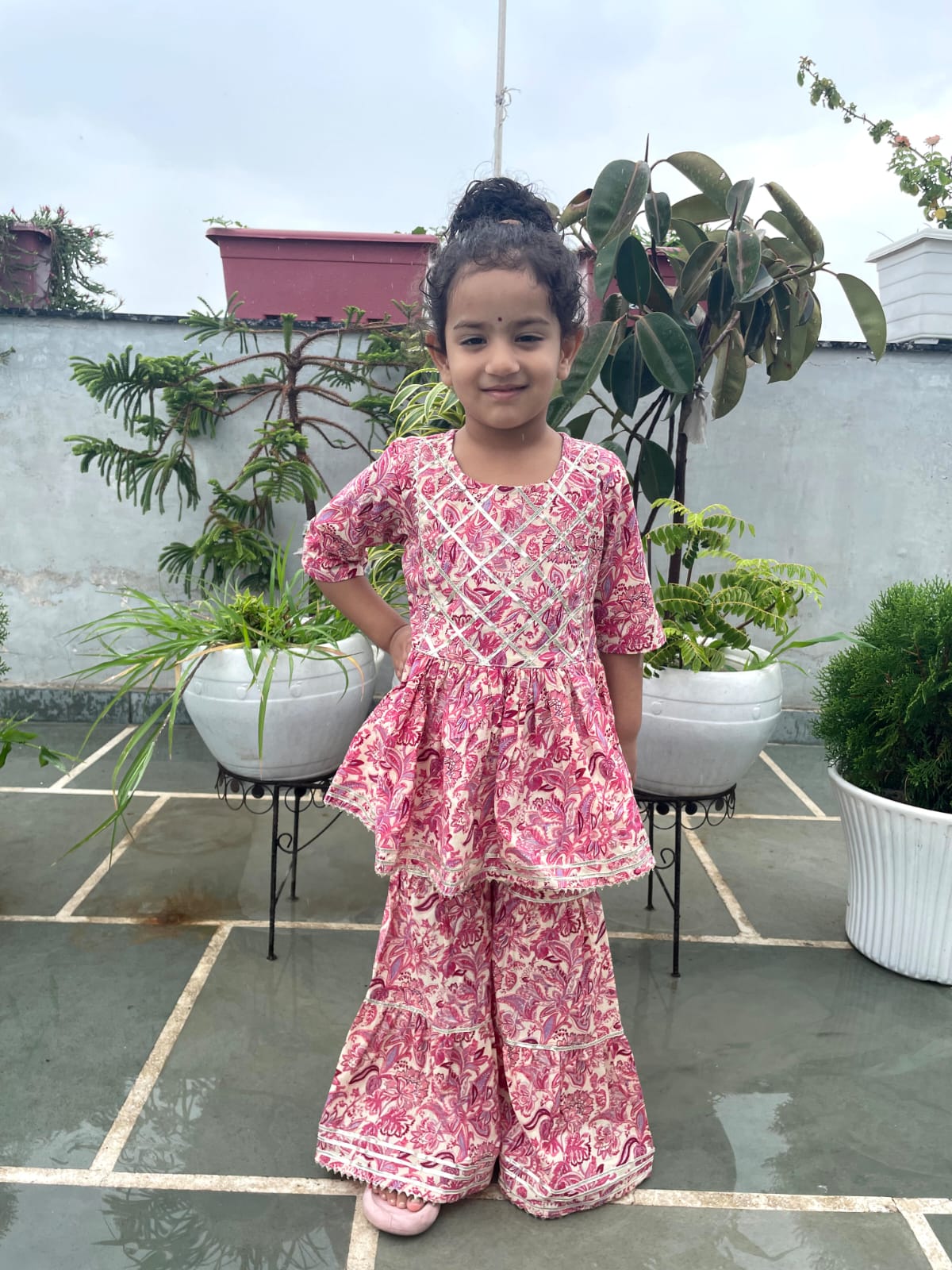 Pink Colour Flower Print Anarkali Suit With Sharara