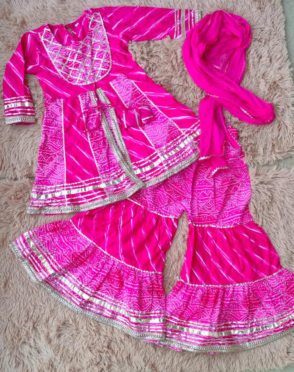 Bandhej Printed Rani Pink Coloured Anarkali With Sharara
