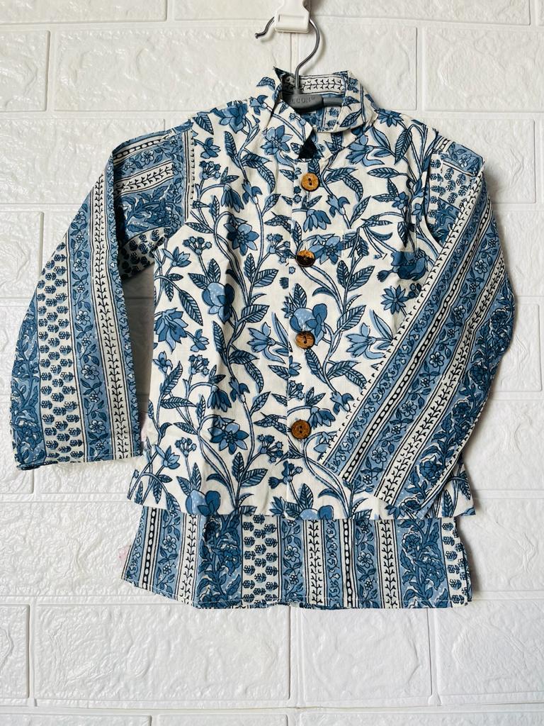 Grey -white block print Jacket with Kurta -Pyjama