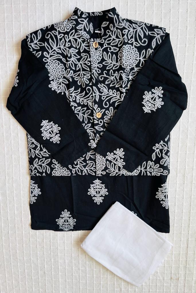 Black Khadi Print Jacket with Kurta -Pyjama