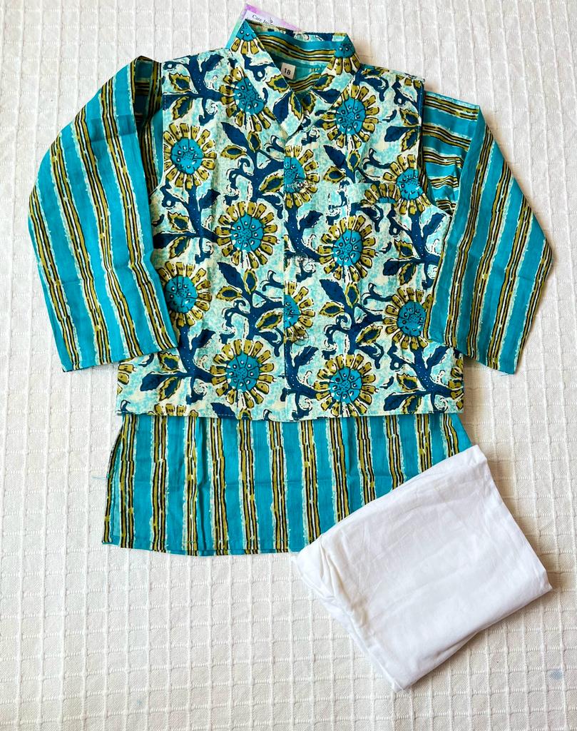 Teal green Sun flower print Jacket with Kurta -Pyjama
