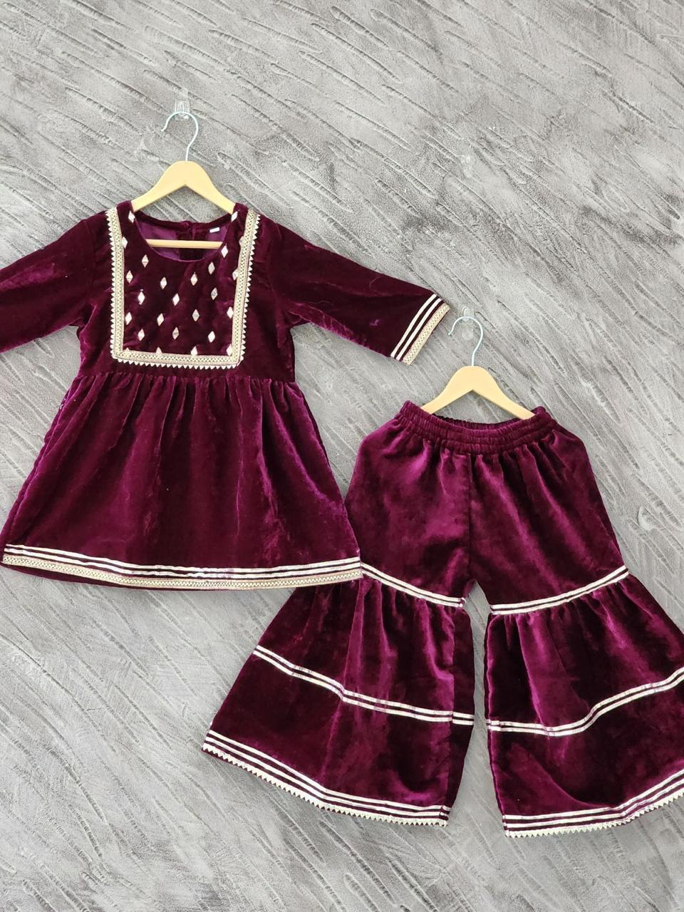 Maroon Coloured Mirror-Embroidery Velvet Kurti With Sharara