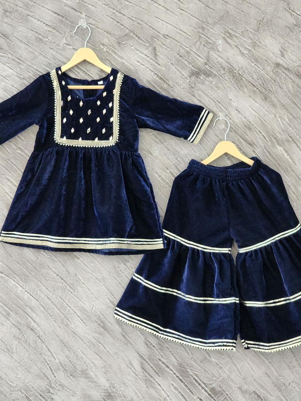 Blue Coloured Mirror-Embroidery Velvet Kurti With Sharara