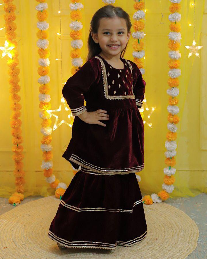 Maroon Coloured Mirror-Embroidery Velvet Kurti With Sharara
