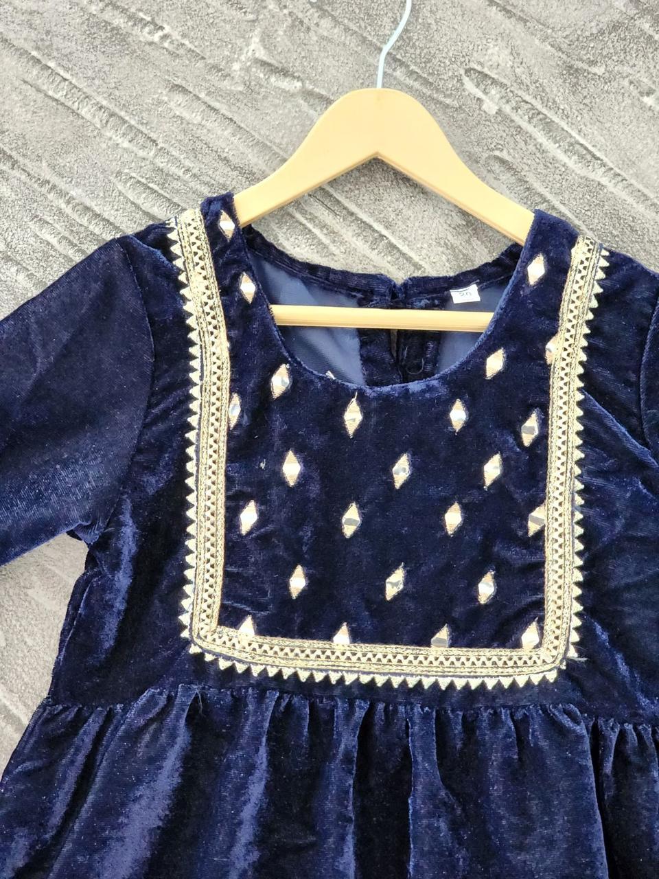 Blue Coloured Mirror-Embroidery Velvet Kurti With Sharara