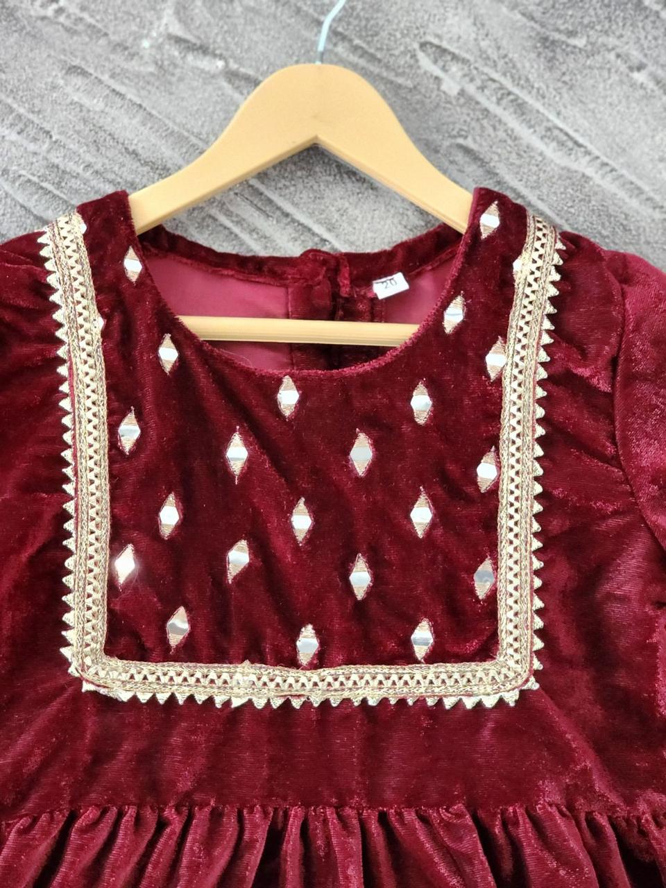 Maroon Coloured Mirror-Embroidery Velvet Kurti With Sharara