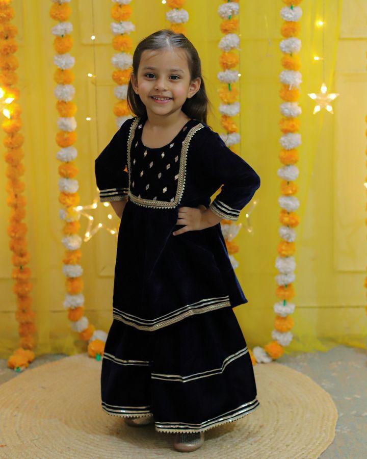 Blue Coloured Mirror-Embroidery Velvet Kurti With Sharara