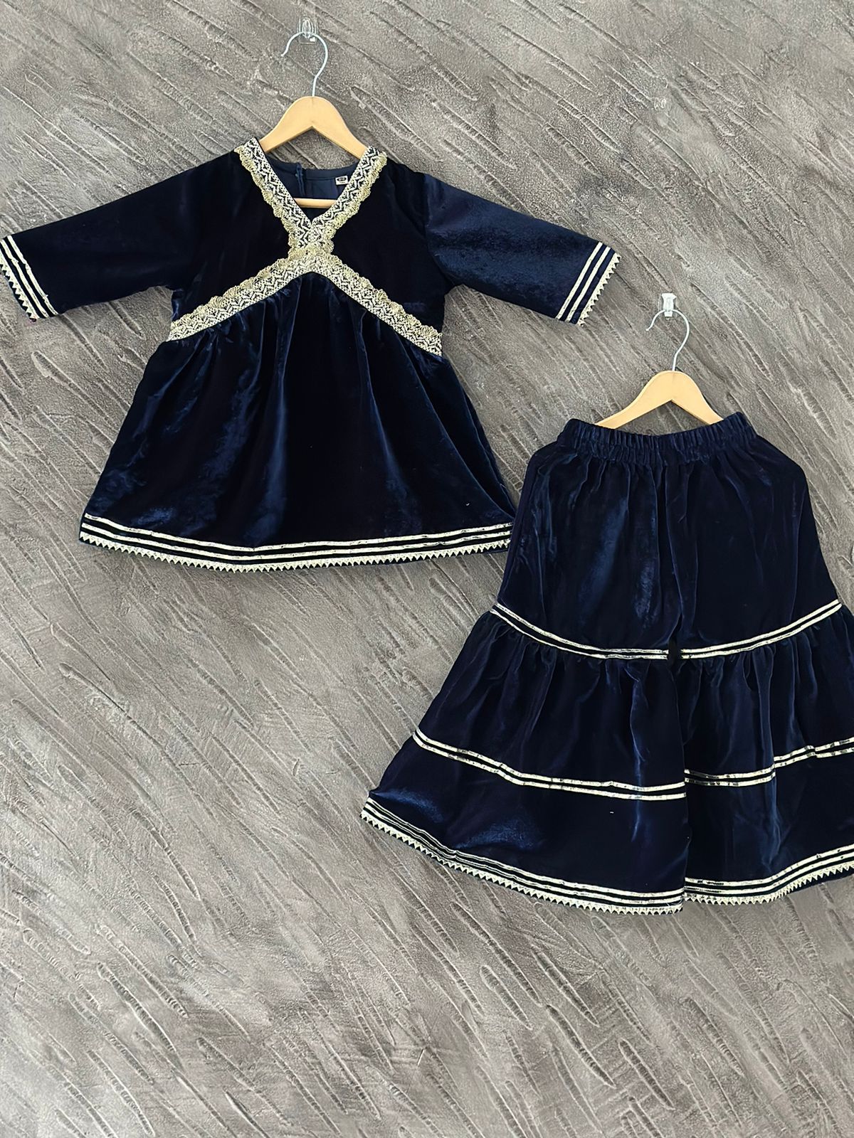 Royel Blue Coloured Alia Cut Velvet Kurti With Sharara