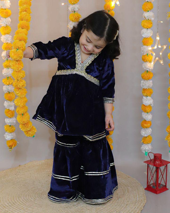 Royel Blue Coloured Alia Cut Velvet Kurti With Sharara