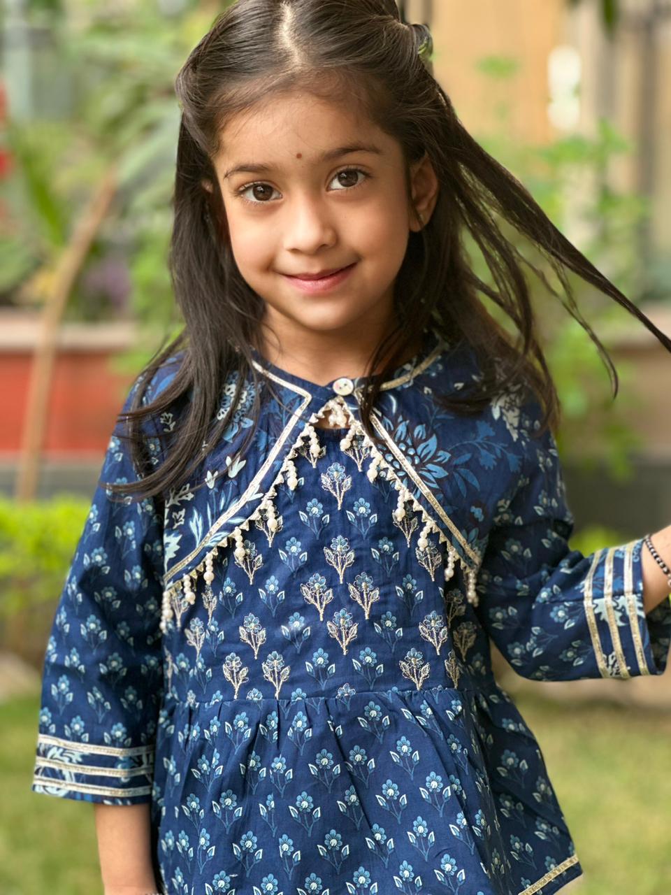 Blue Floral Printed Anarkali Kurta with Palazzo