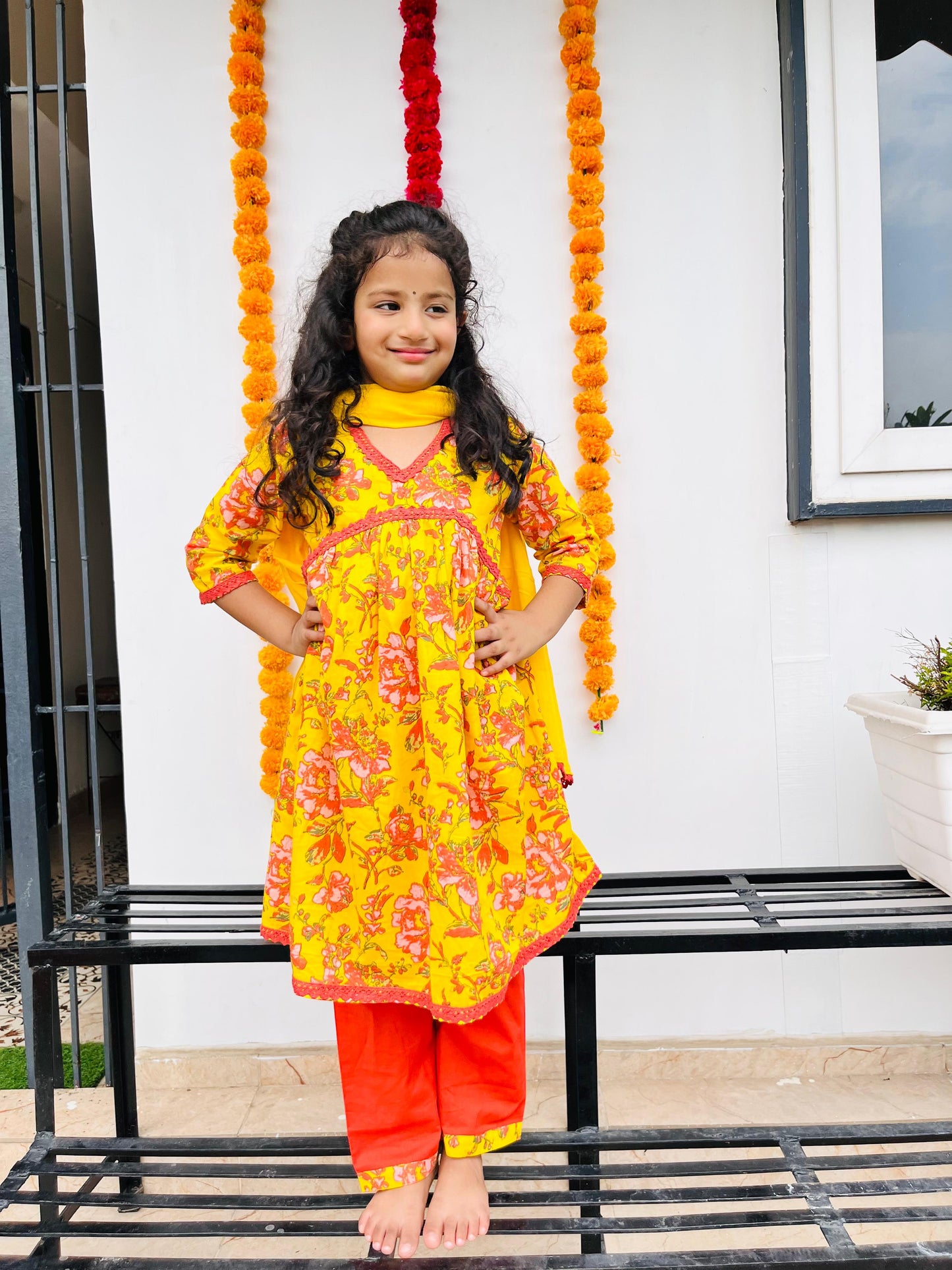 Yellow Colour Floral Printed Girls Flared Suit Set