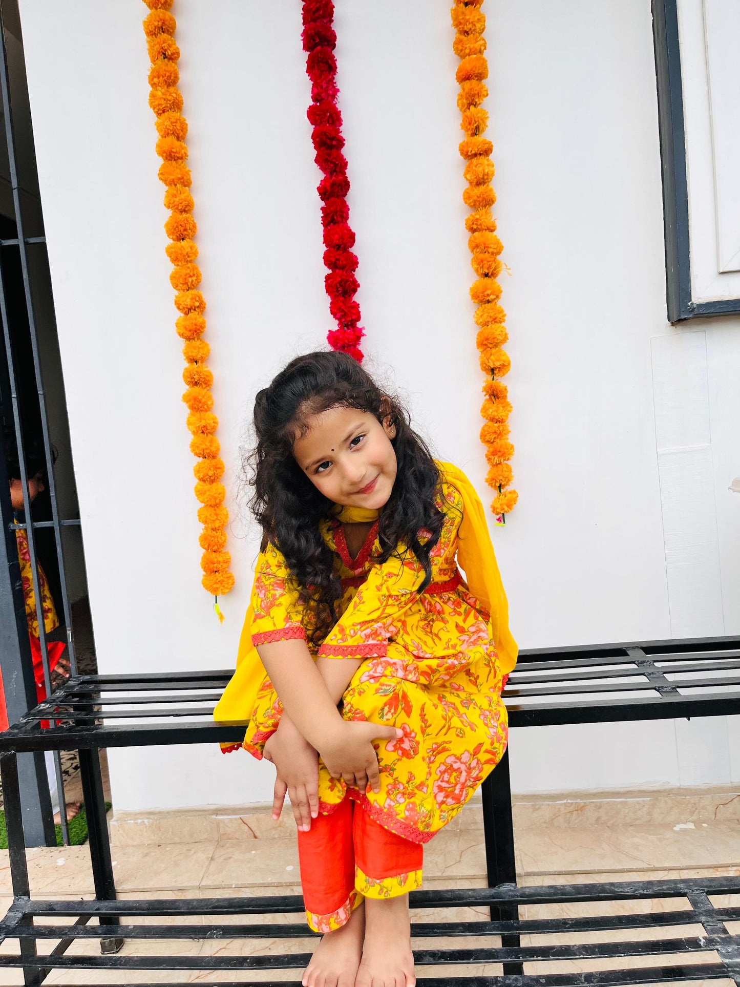 Yellow Colour Floral Printed Girls Flared Suit Set