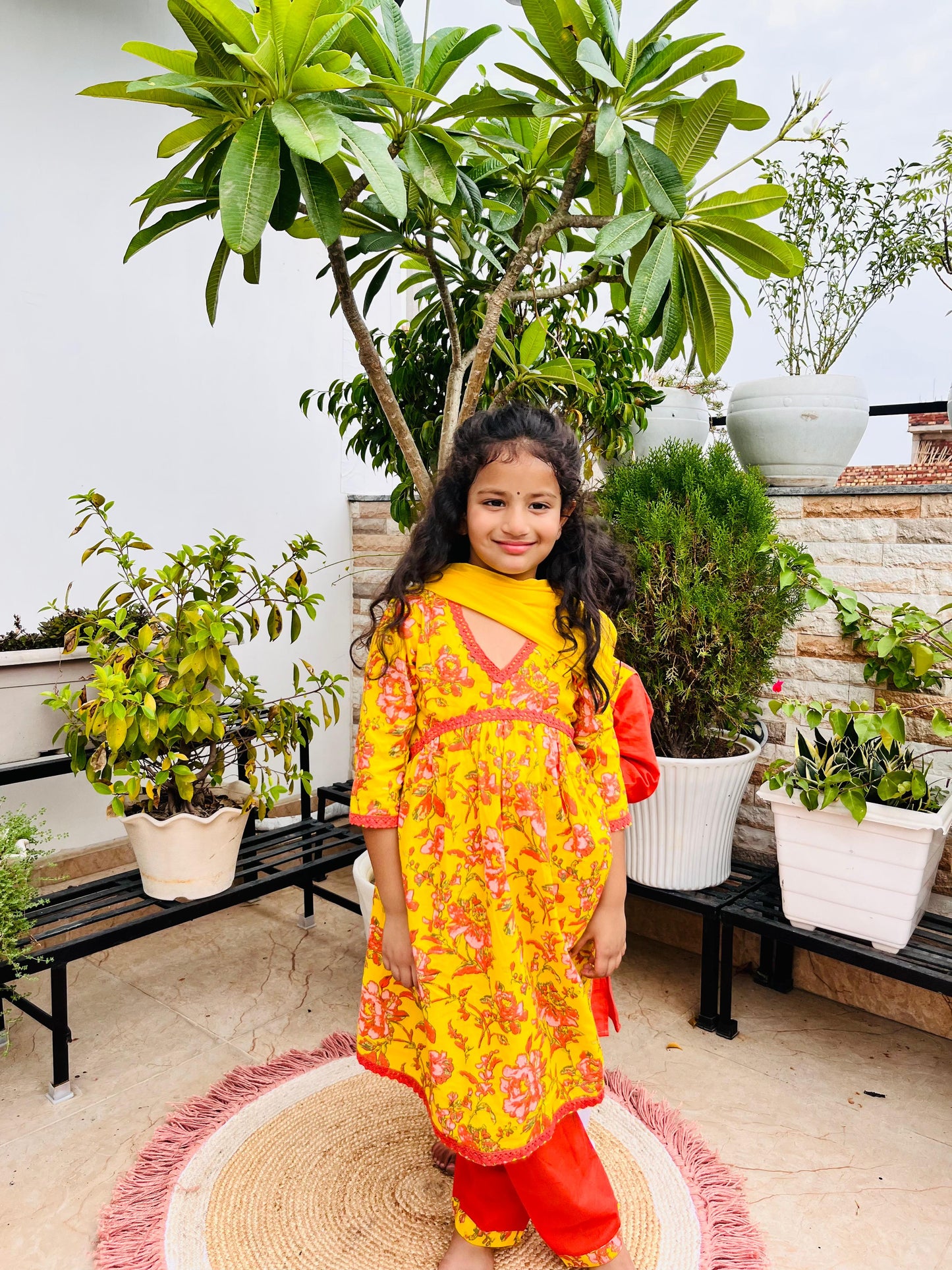 Yellow Colour Floral Printed Girls Flared Suit Set