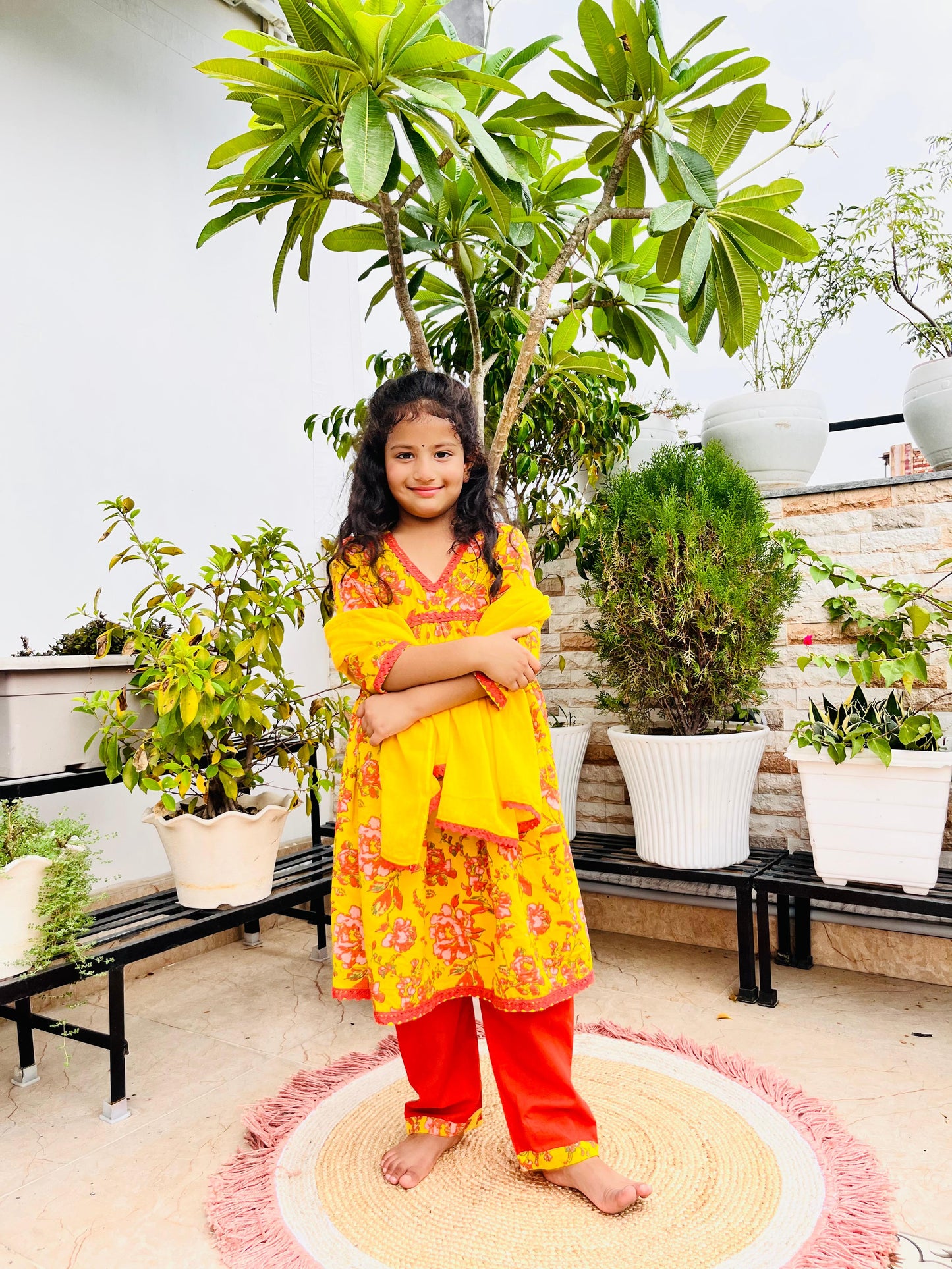 Yellow Colour Floral Printed Girls Flared Suit Set