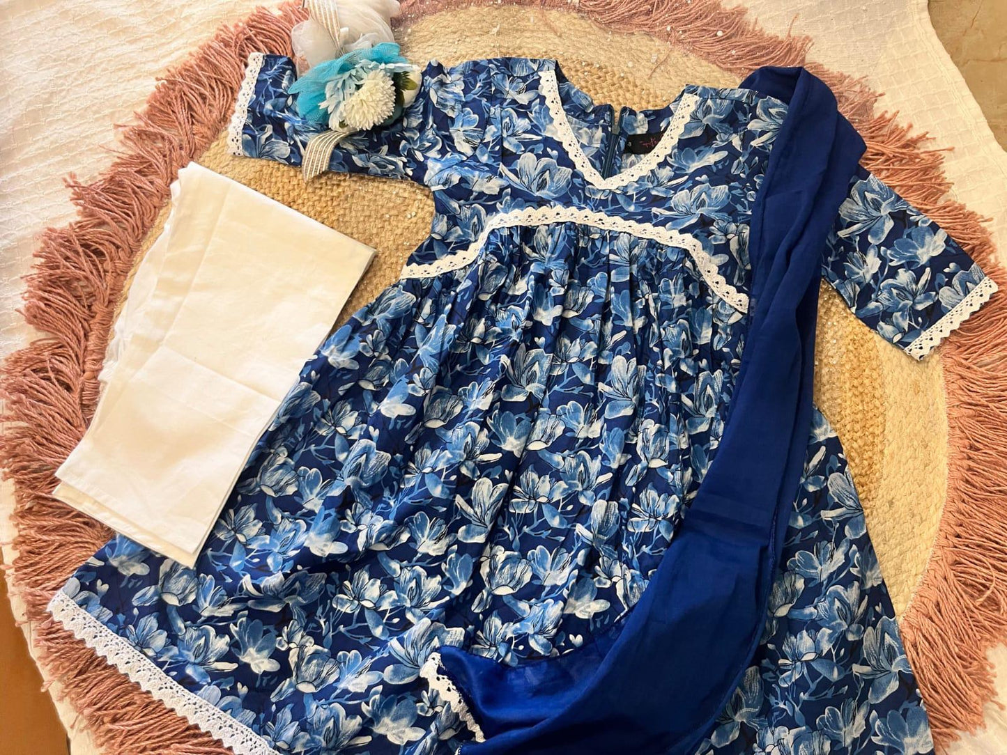 Blue Colour Floral Printed Girls Flare Suit Set