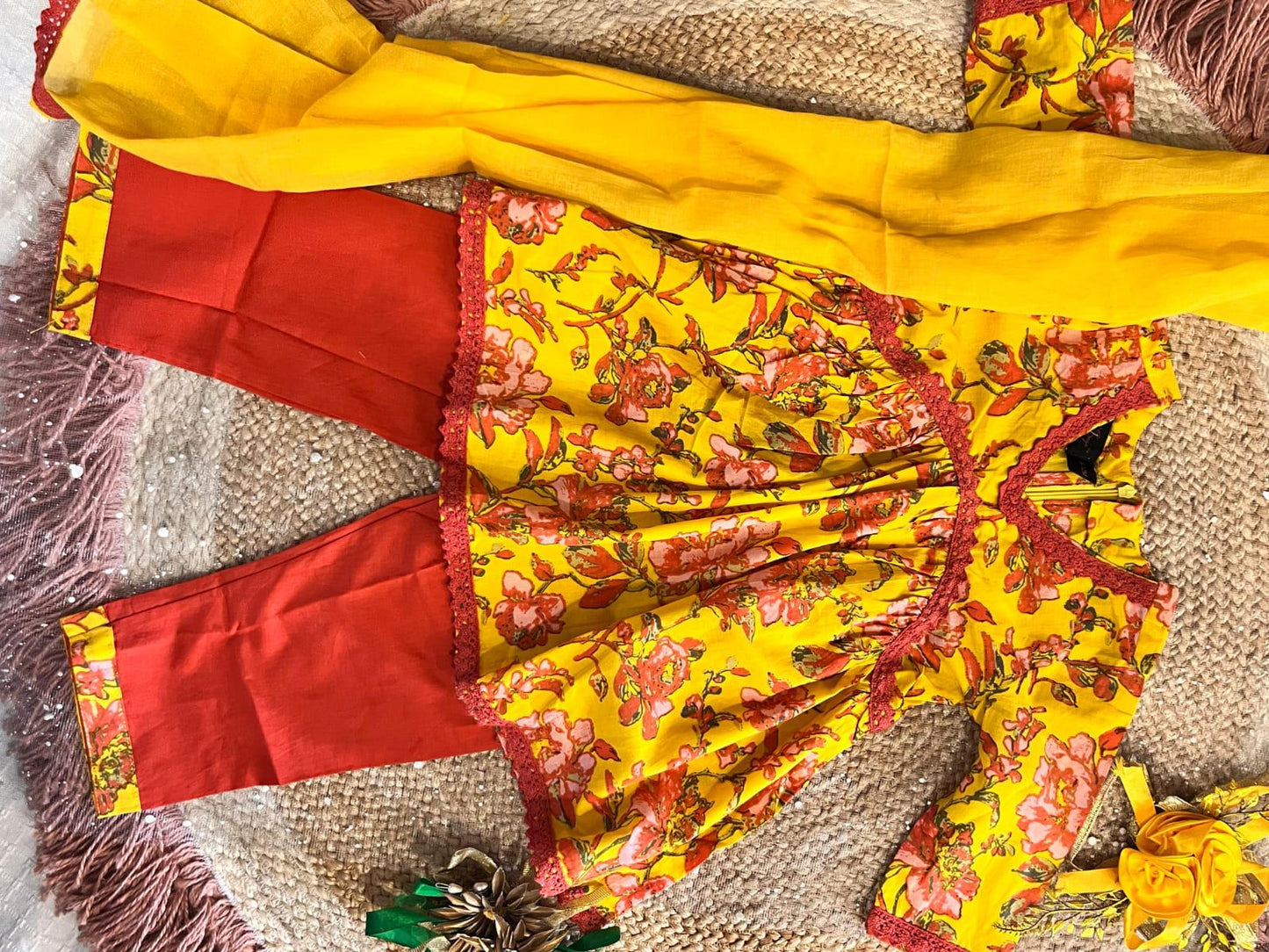 Yellow Colour Floral Printed Girls Flared Suit Set