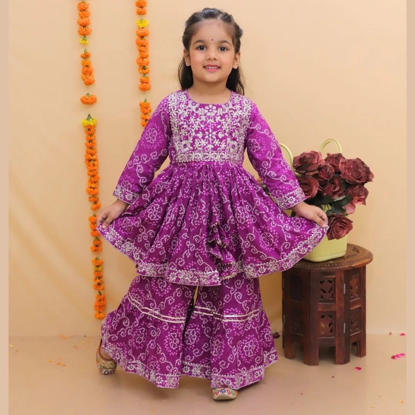 Jaipuri Print Purple Colour Anarkali Suit With Sharara