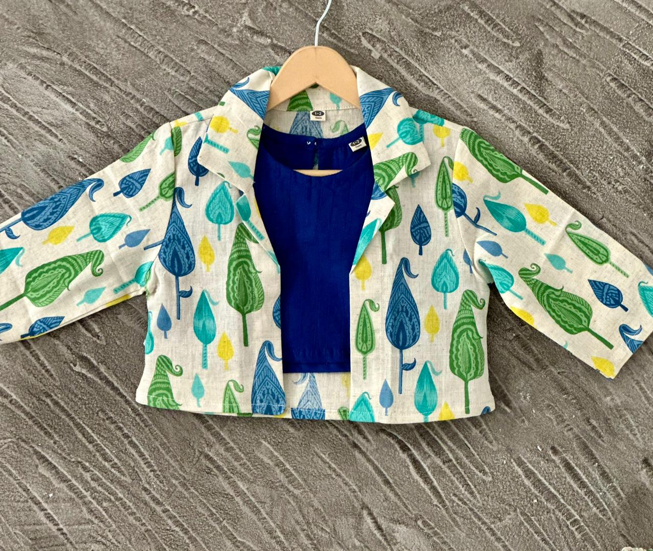 Blue Block Printed 3 Piece Girls Co-Ords