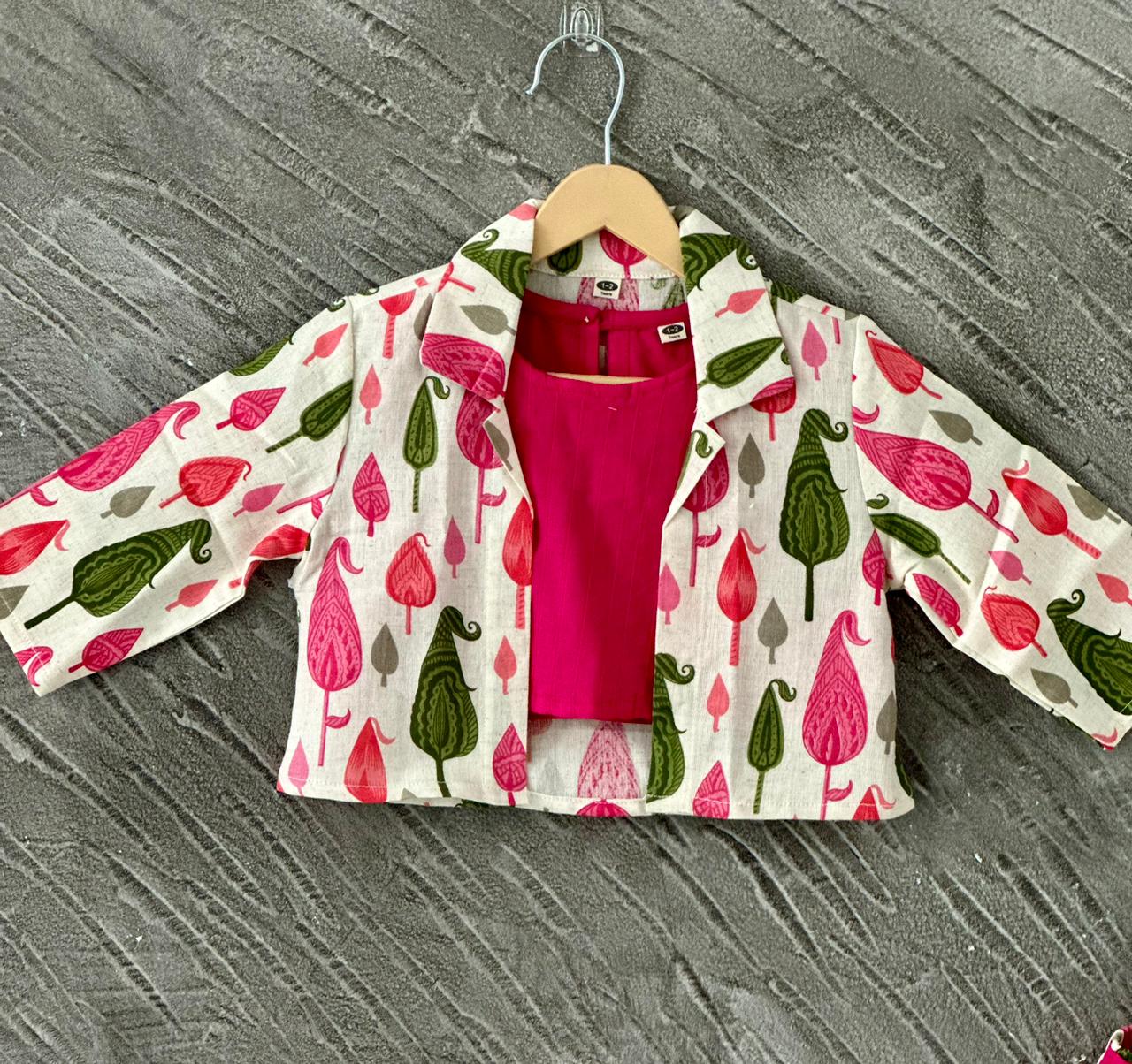 Pink Block Printed 3 Piece Girls Co-Ords