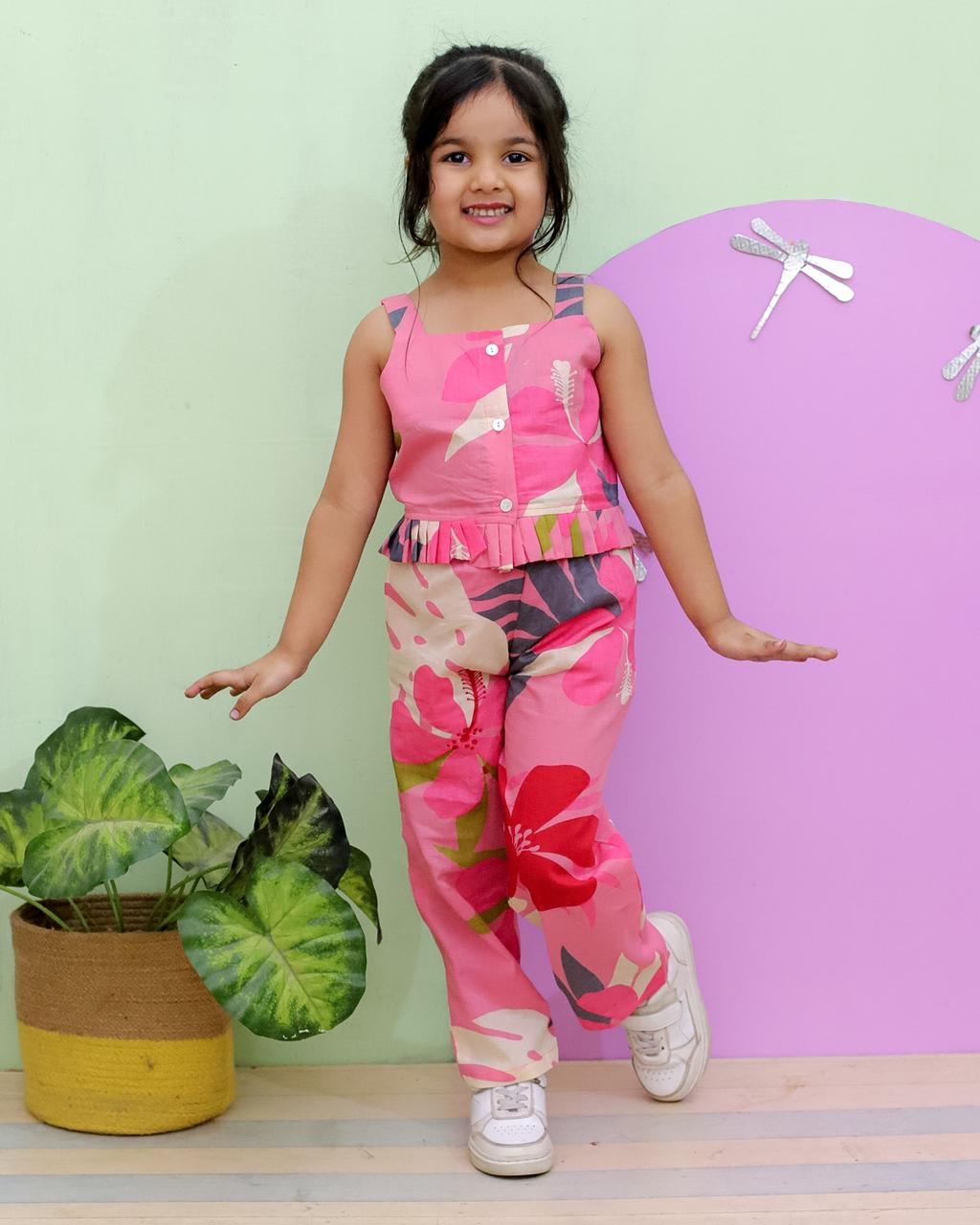 Tropical Flower Print Pink Colour Girls Co-Ord Set