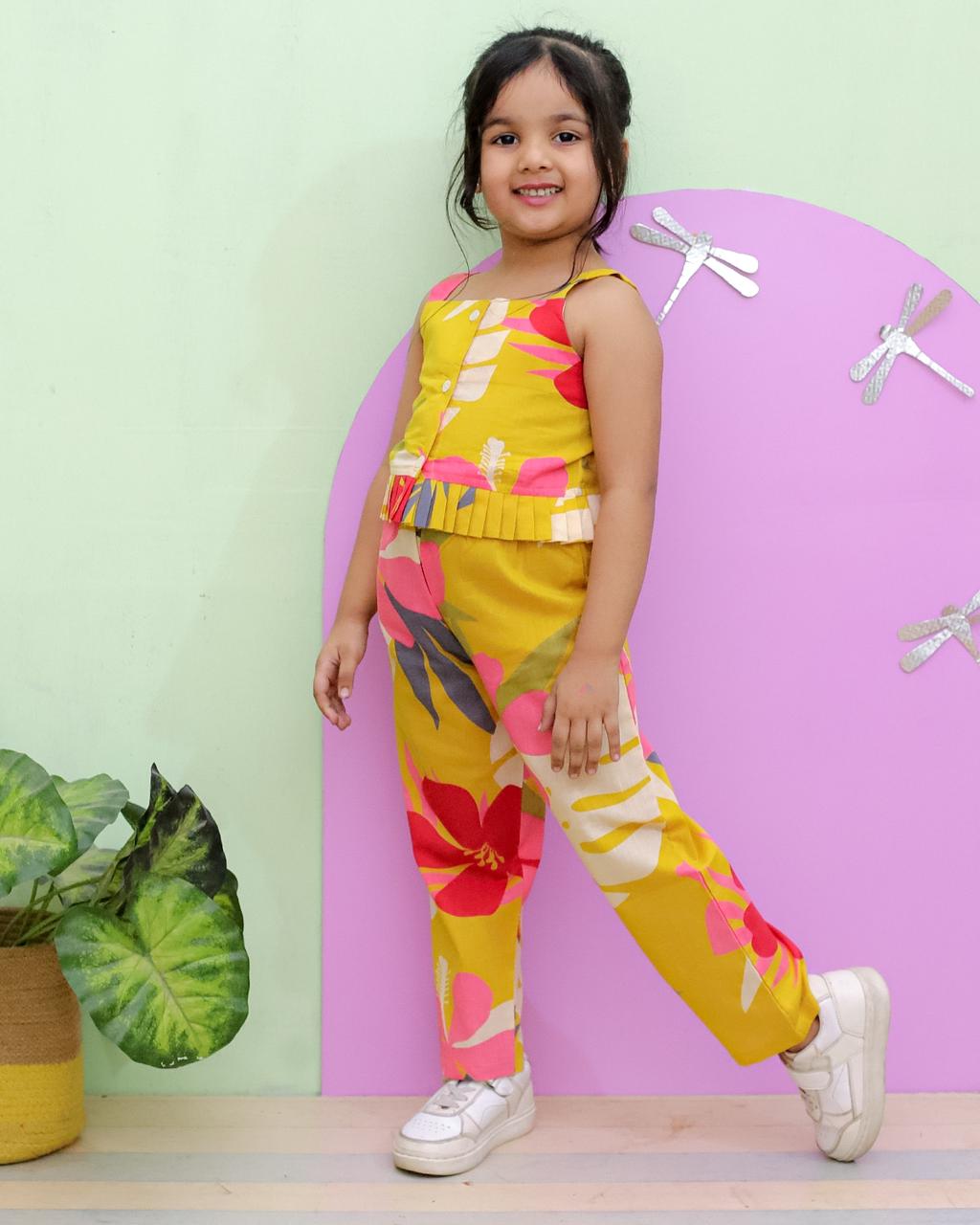 Tropical Flower Print Mustard Colour Girls Co-Ord Set