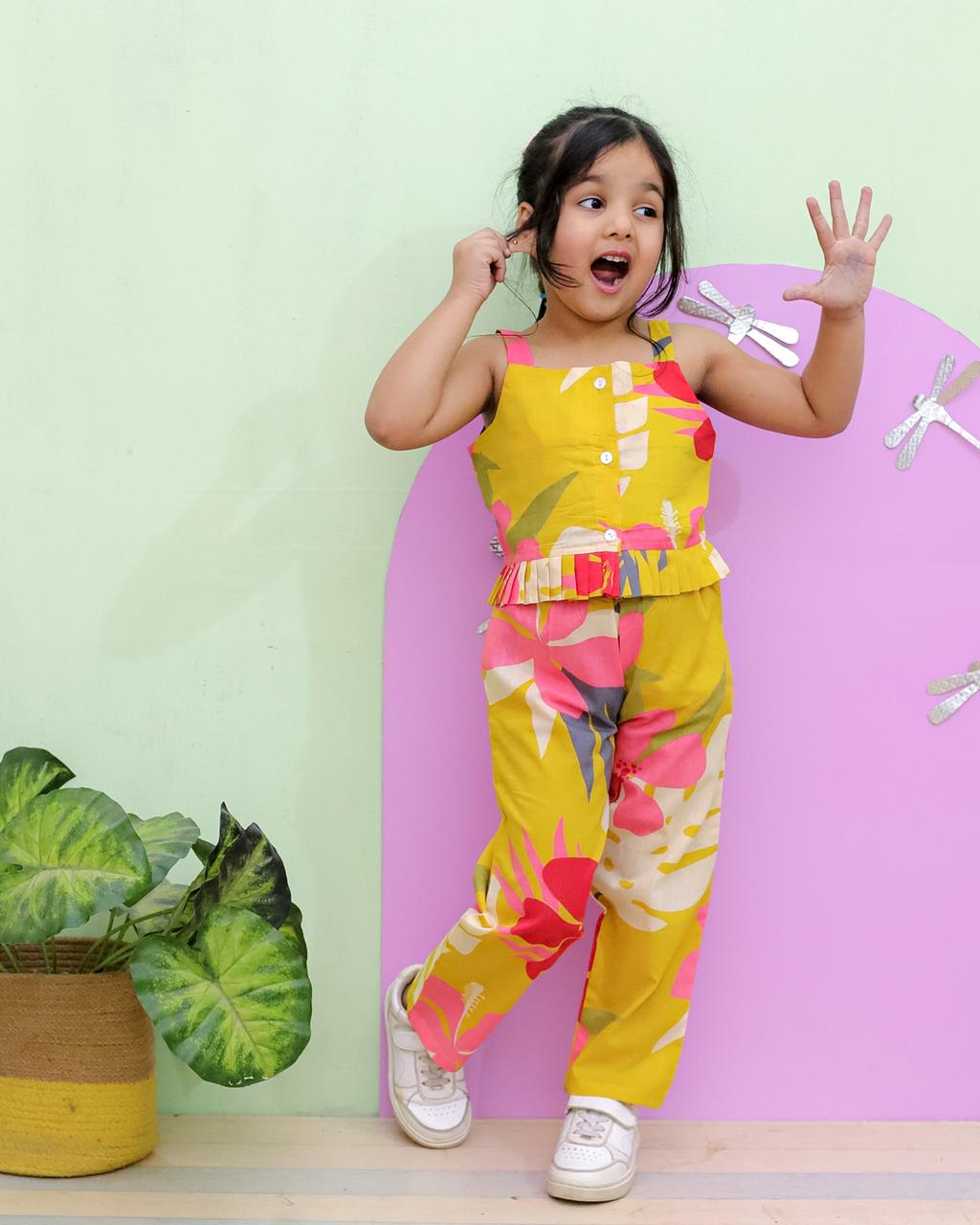 Tropical Flower Print Mustard Colour Girls Co-Ord Set