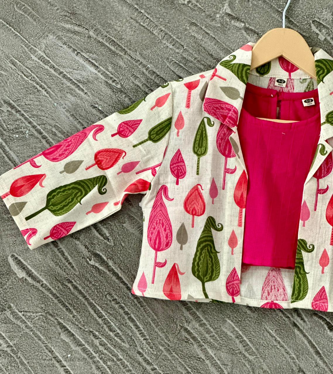 Pink Block Printed 3 Piece Girls Co-Ords