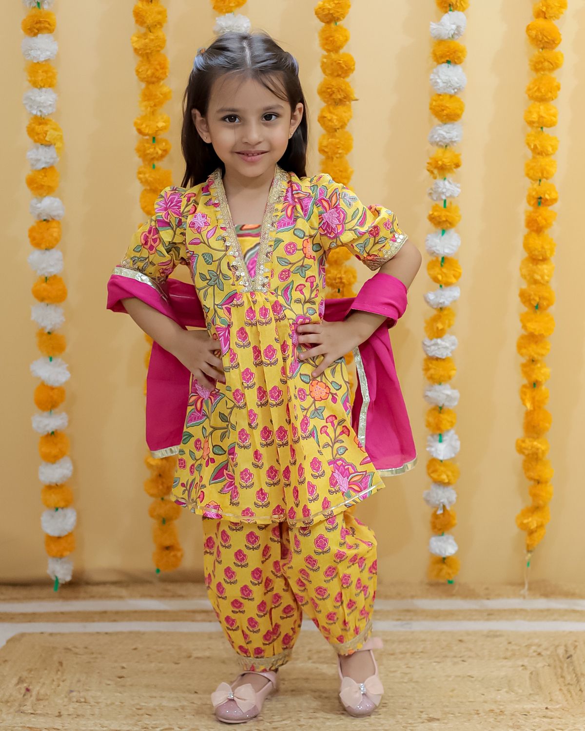 Mustard Flower Printed Afghani Style Suit Set