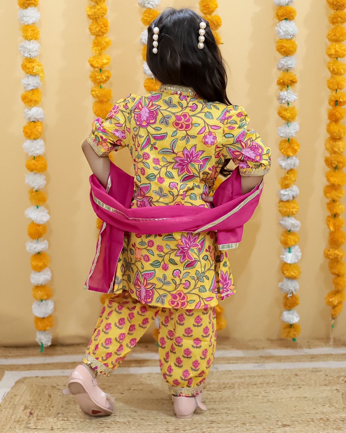 Mustard Flower Printed Afghani Style Suit Set
