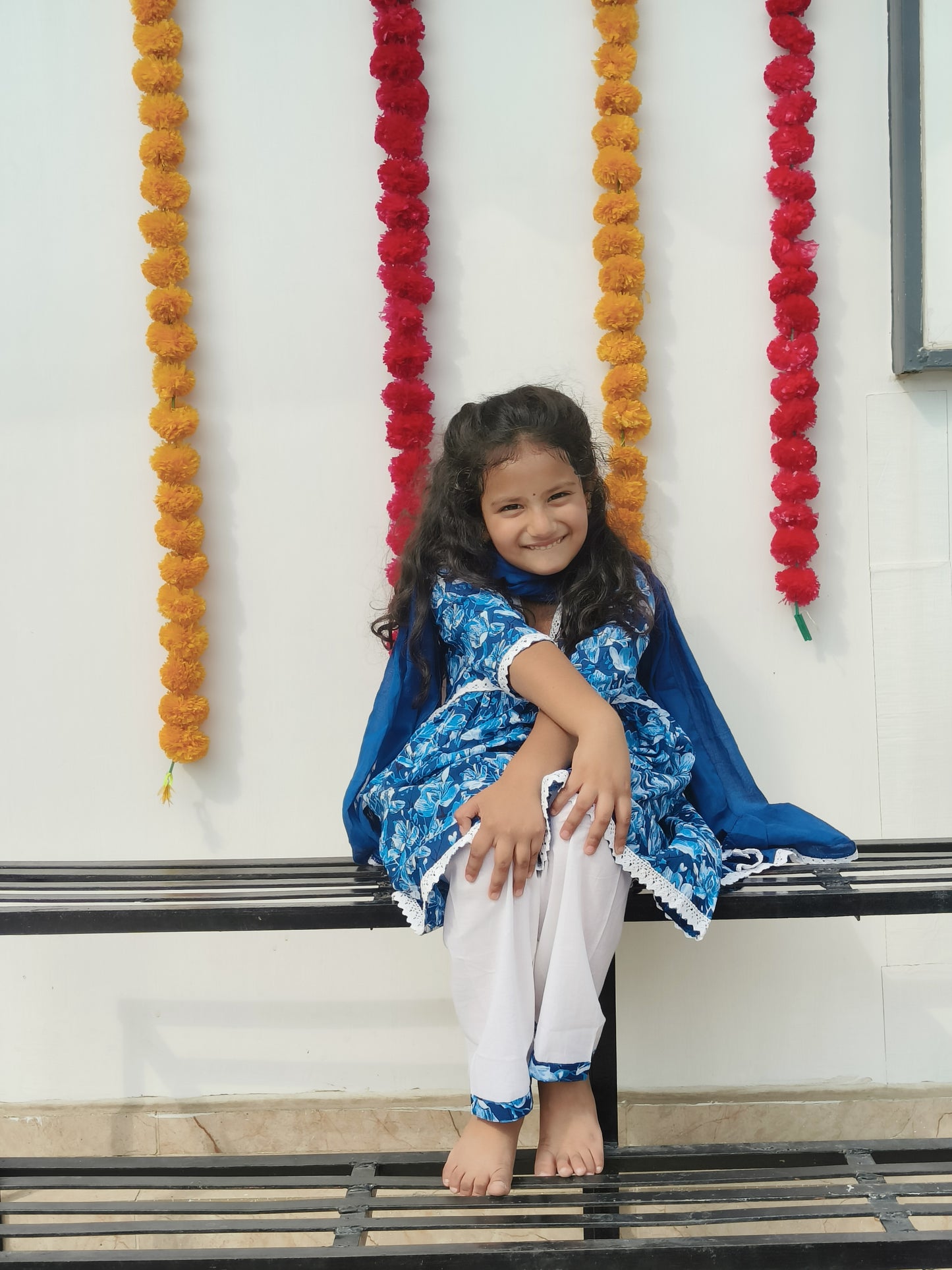 Blue Colour Floral Printed Girls Flare Suit Set