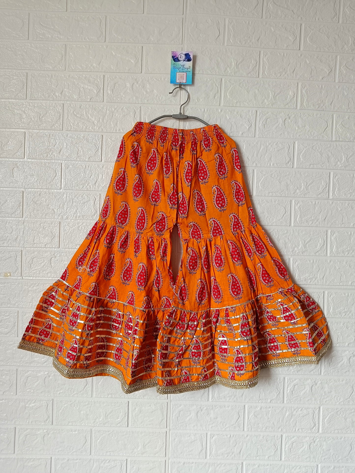 Block Printed Mustard Coloured Anarkali Suit With Sharara