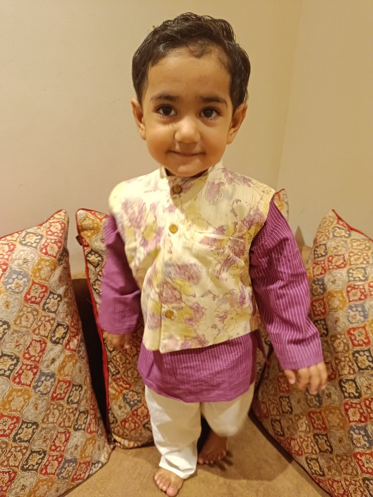 Abstract cream/Purple print Jacket with Kurta -Pyjama
