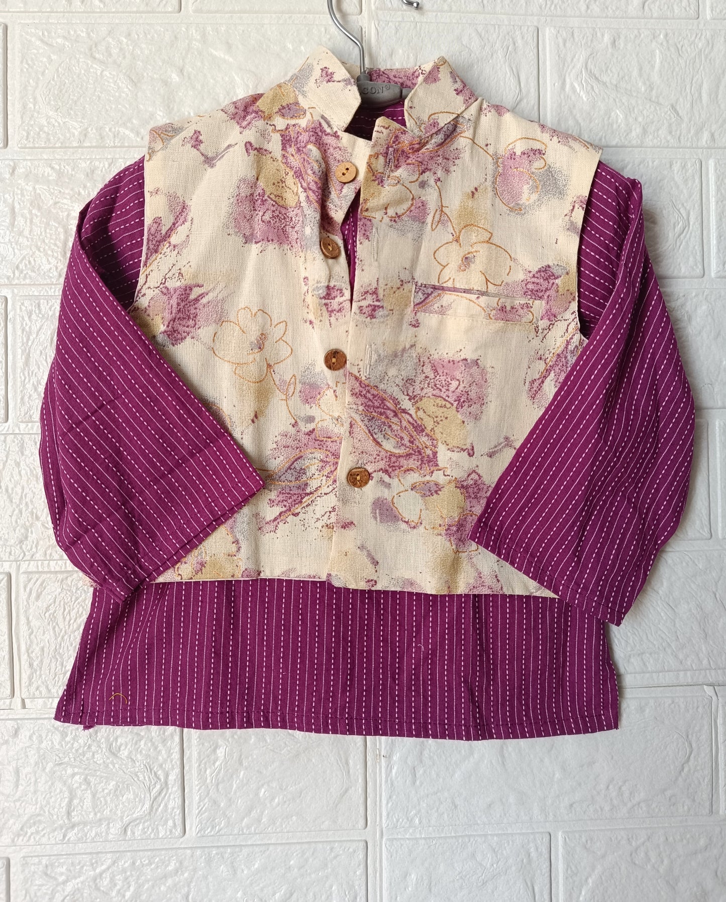 Abstract cream/Purple print Jacket with Kurta -Pyjama