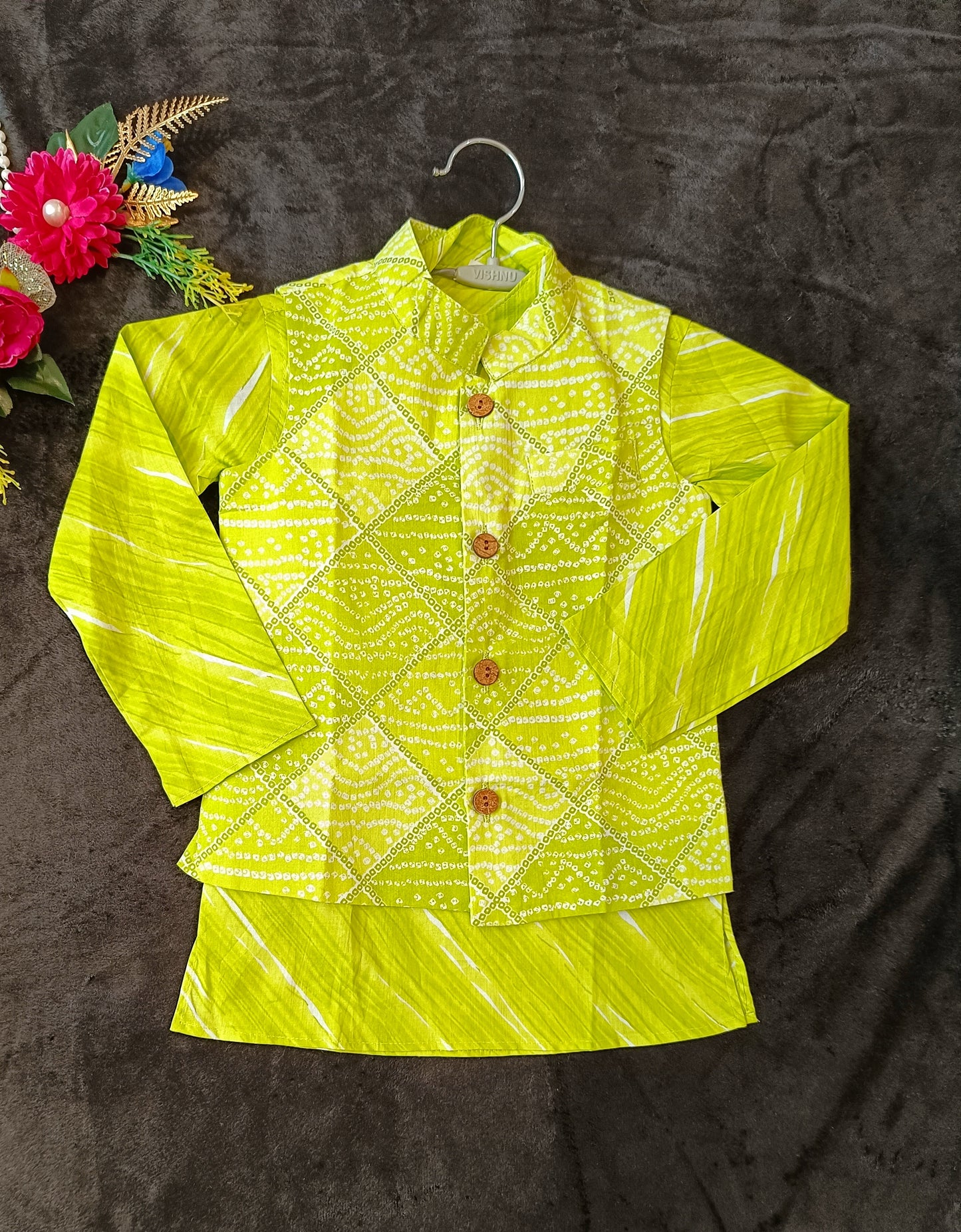 Parrot Green Bandhej Kurta and Jacket with Pyjama (Tie and Dye)