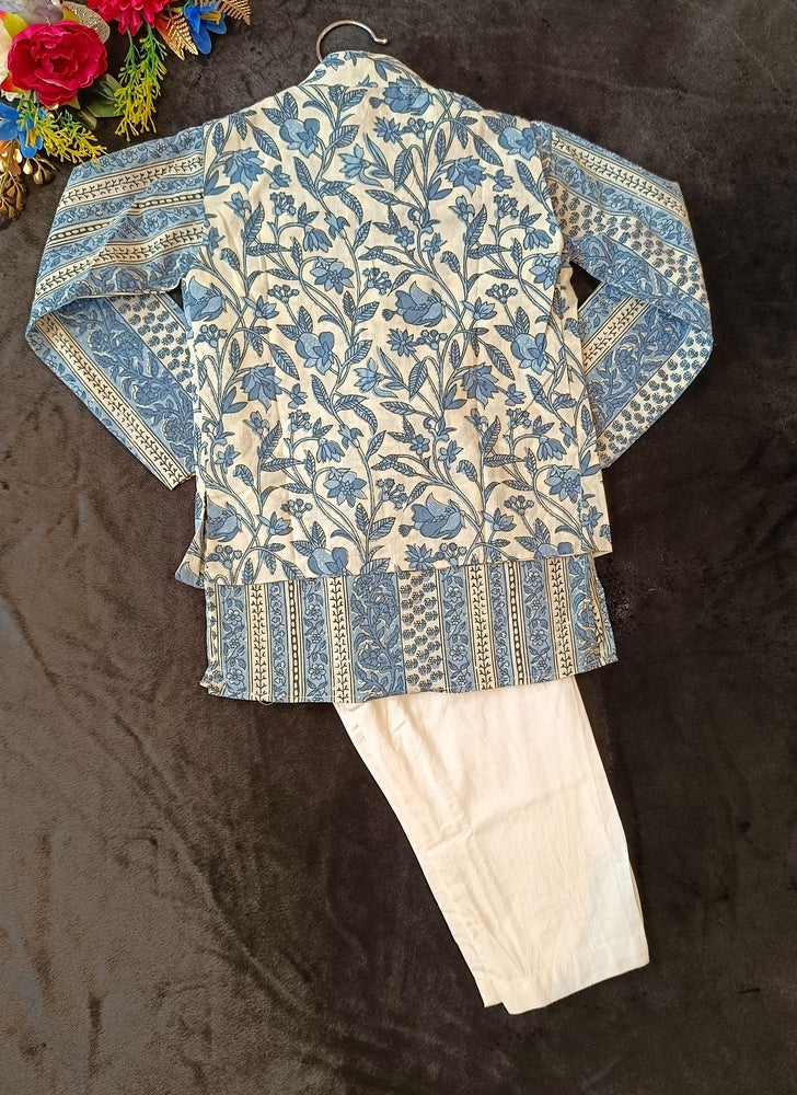 Grey -white block print Jacket with Kurta -Pyjama