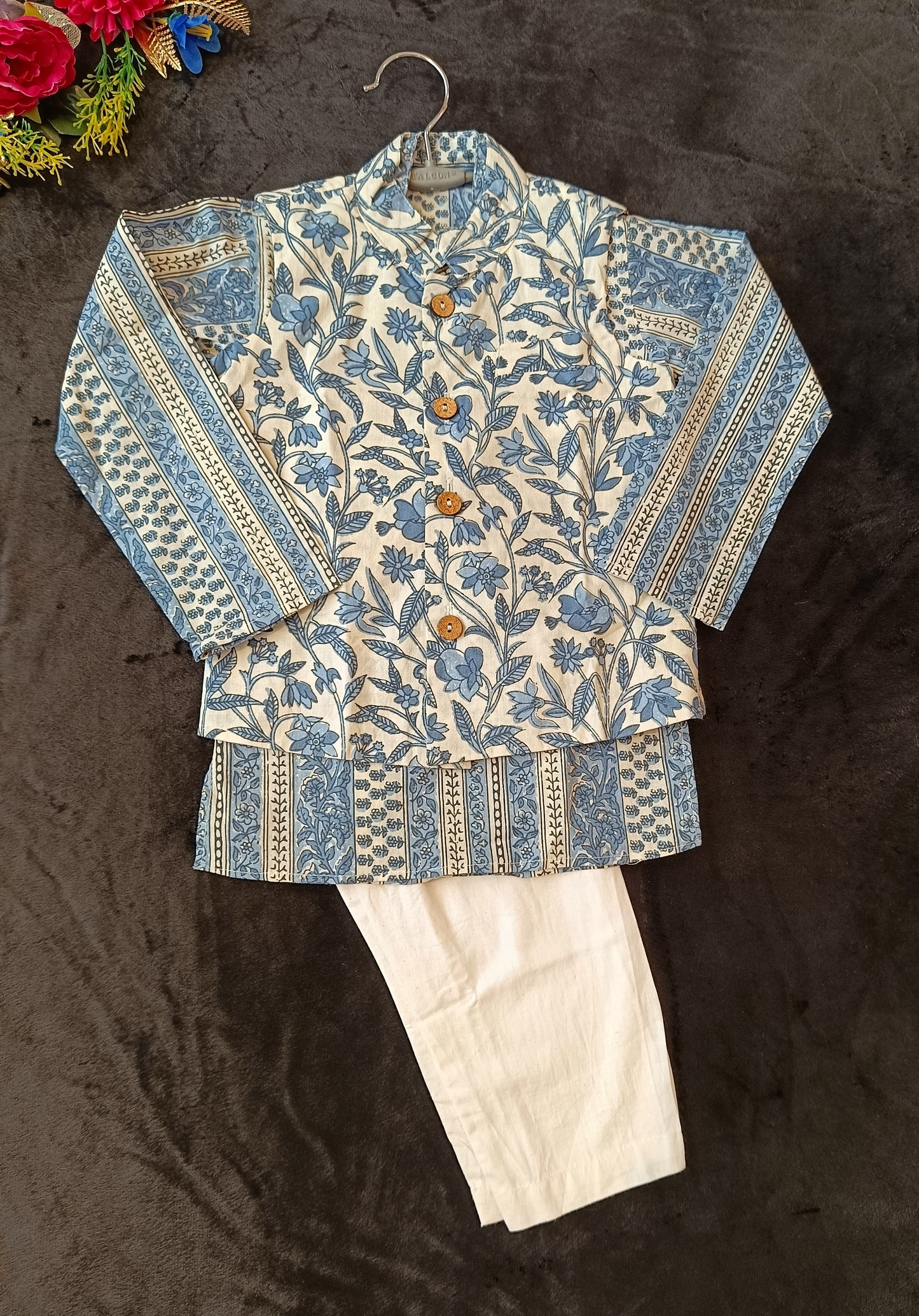Grey -white block print Jacket with Kurta -Pyjama