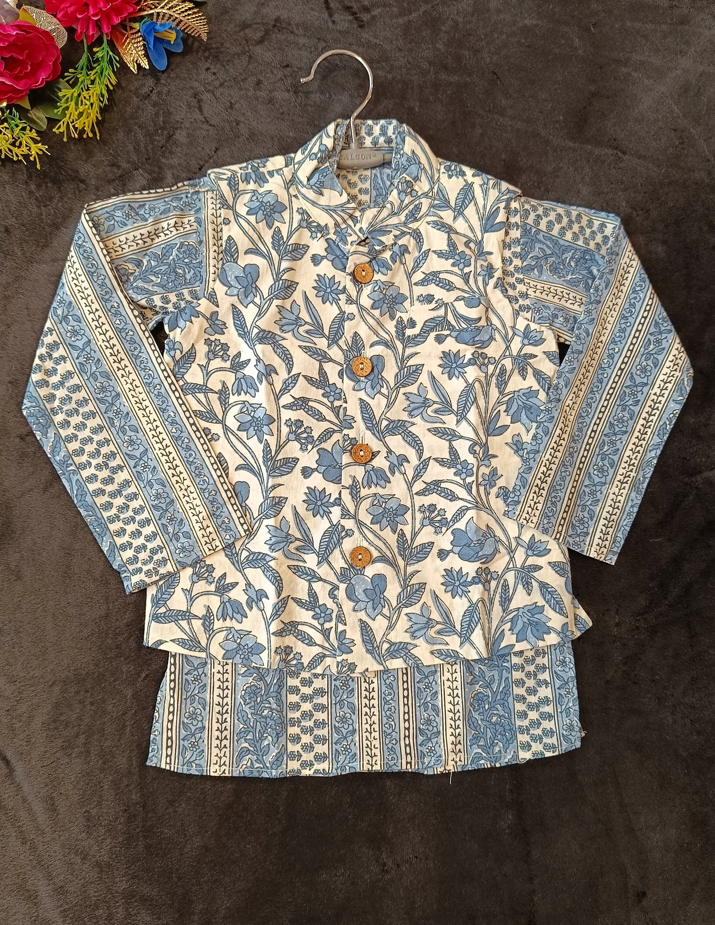 Grey -white block print Jacket with Kurta -Pyjama