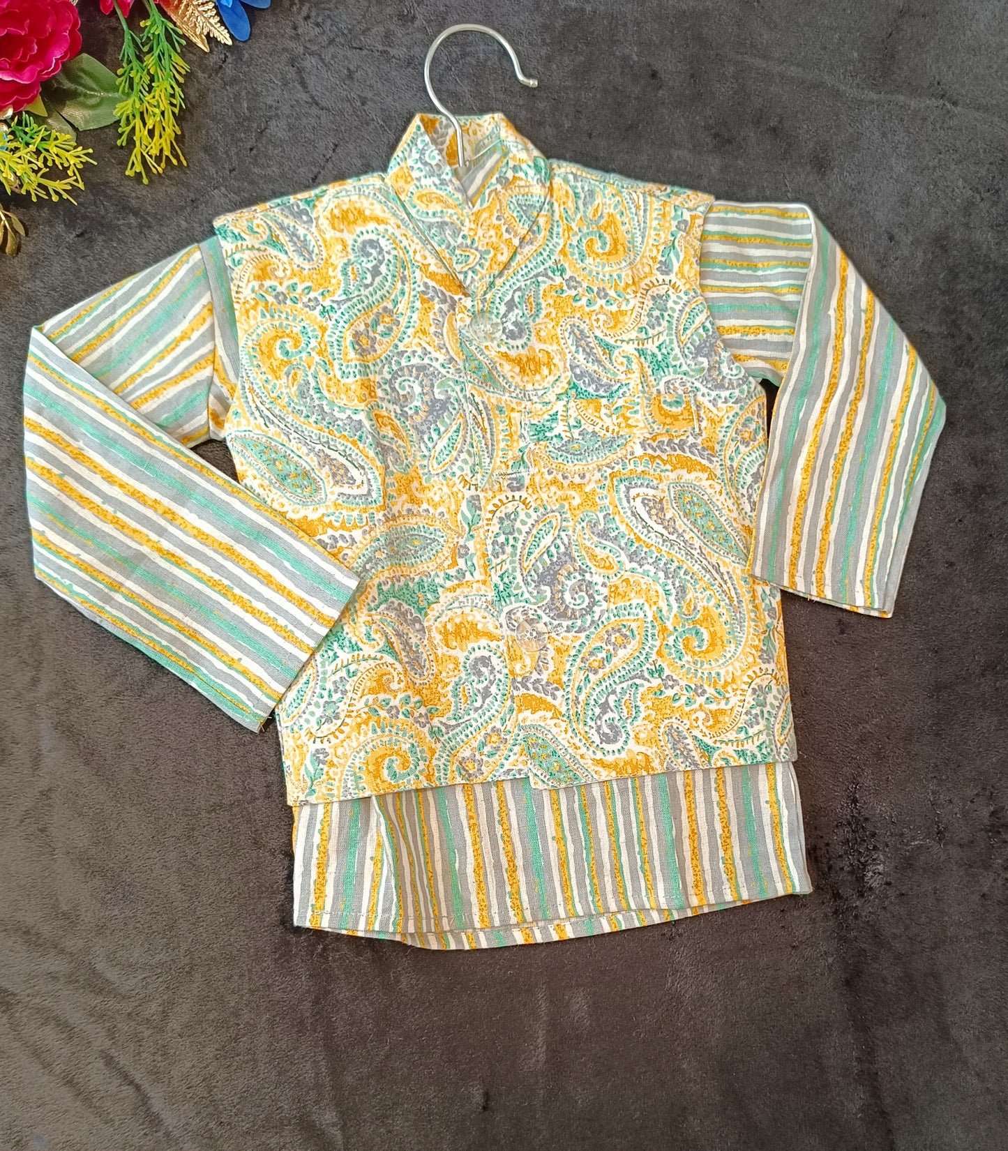 Yellow Pastel Paisley Jacket with Kurta Pyjama