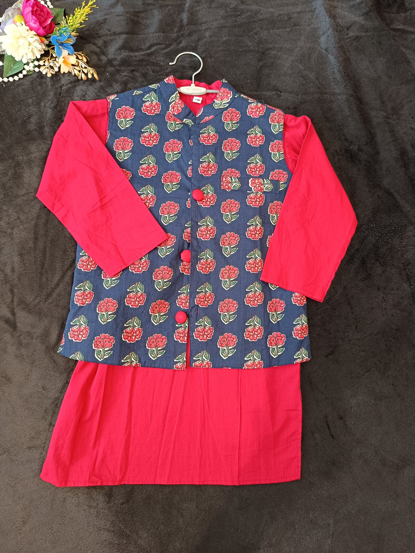 Maroon and navy blue print Jacket with Kurta -Pyjama