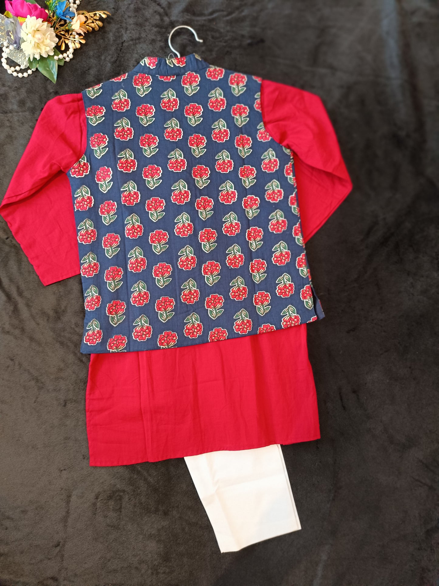 Maroon and navy blue print Jacket with Kurta -Pyjama