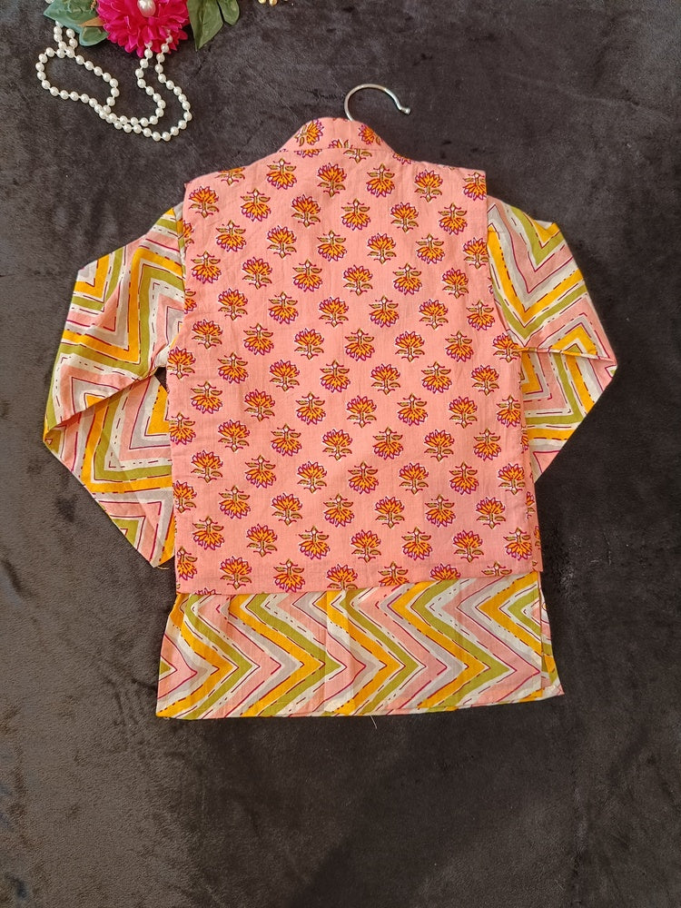 Peach/ pink block print Jacket with Kurta -Pyjama