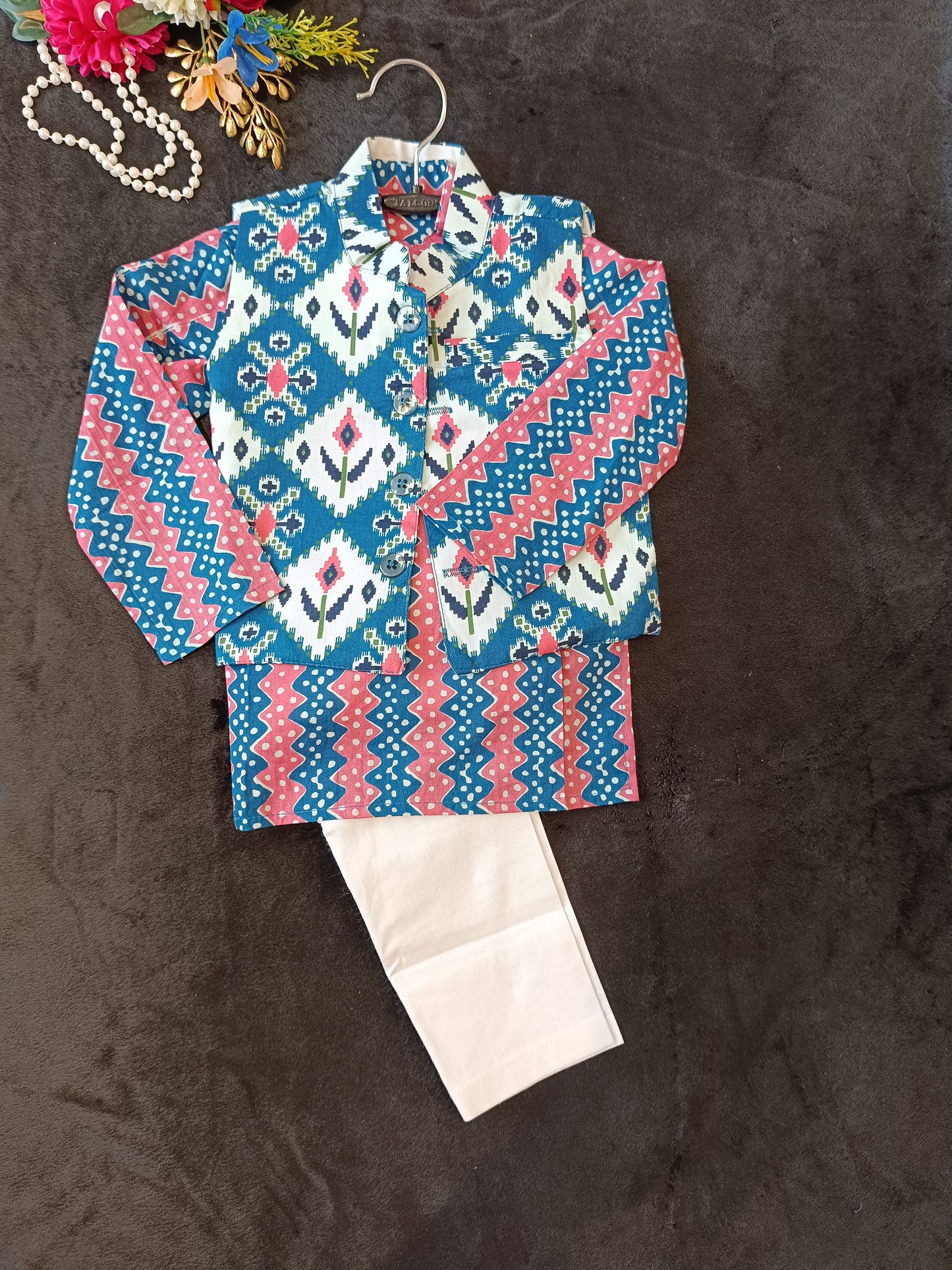 Ikkat Blue Print Jacket with Kurta -Pyjama