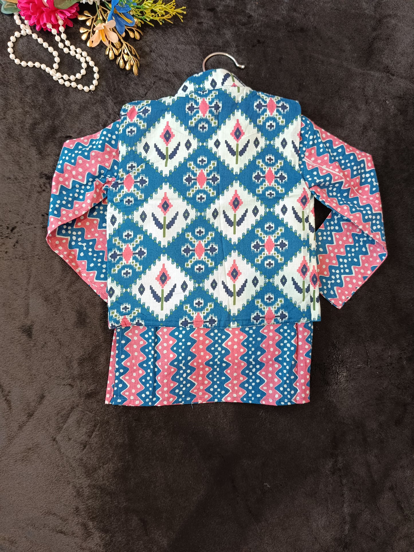 Ikkat Blue Print Jacket with Kurta -Pyjama