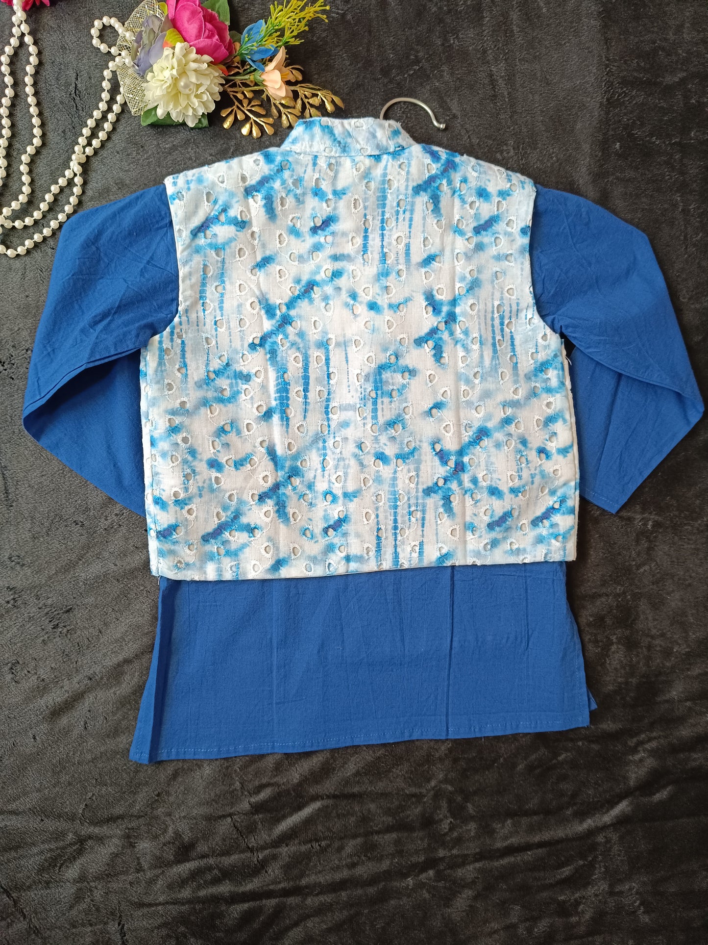 Schiffli Blue Jacket with Kurta -Pyjama