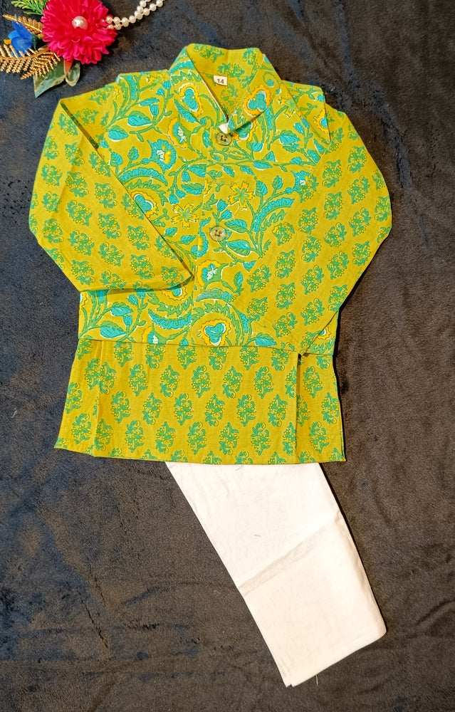 Lime Green Phool Patti printed Jacket with Kurta -Pyjama