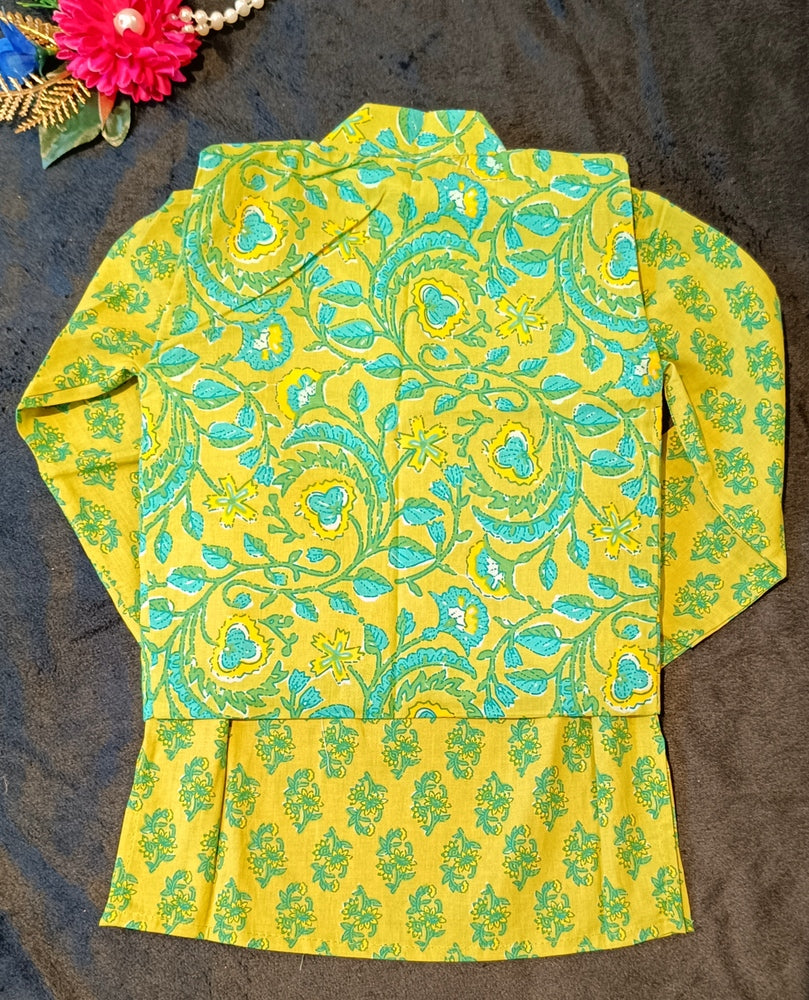 Lime Green Phool Patti printed Jacket with Kurta -Pyjama